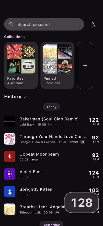 The sessions library: collections above, and a searchable history with the tempo saved beside each session.