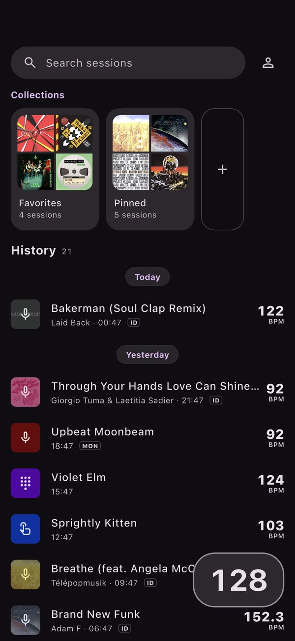 The sessions library: collections above, and a searchable history with the tempo saved beside each session.