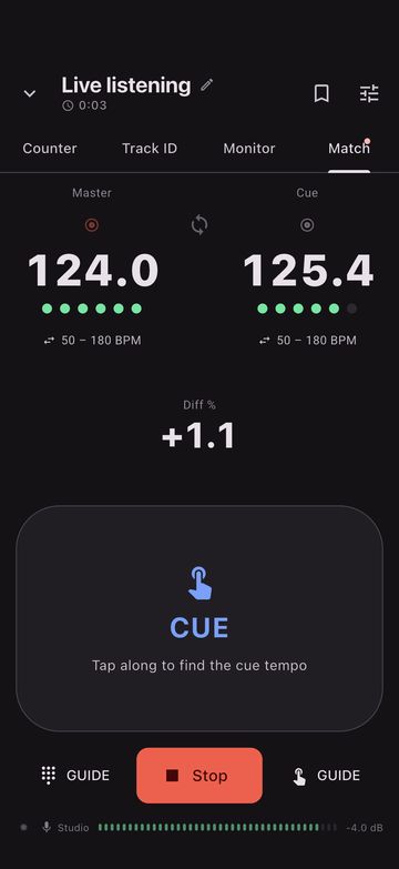 Match in Live BPM comparing a master at 124.0 BPM against a cue at 125.4, with the difference between them shown.