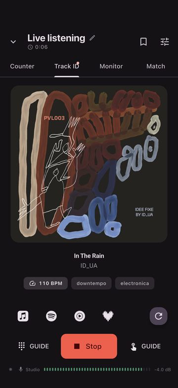 Track ID showing a finished result: artwork, title, artist, a 110 BPM chip and a row of streaming links.